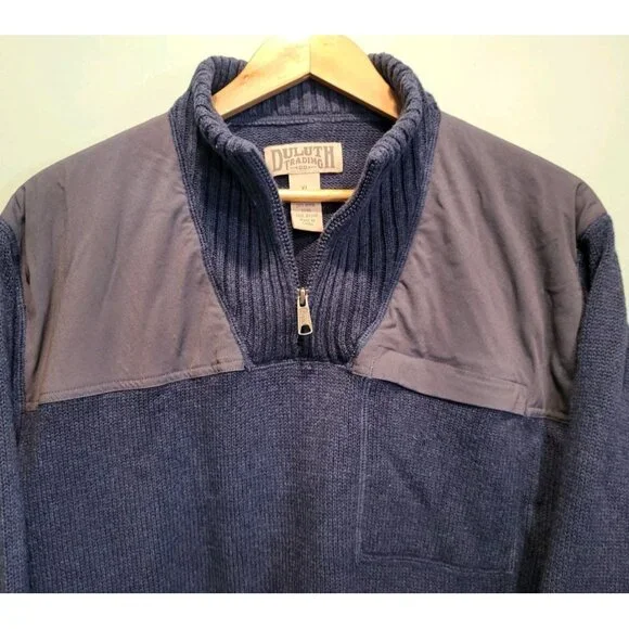 Mens Duluth Blue Wool Blend 1/4 Zip Sweater Pocket Elbow Patch Sz XL - Picture 2 of 8